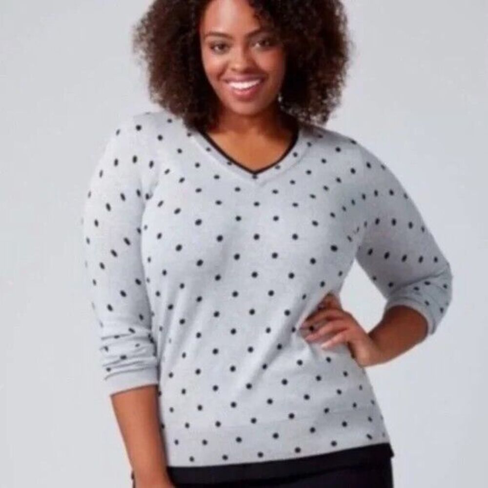 Lane Bryant Polka Dot Sweater Women Plus 14/16 Gray Black V Neck Chiffon Trim